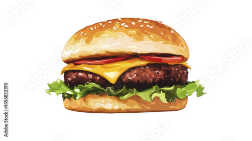 Mouthwatering juicy burger featuring melted cheese, fresh tomatoes, crisp lettuce, and sesame seed bun, vector illustration on a transparent background, PNG image, PNG file.