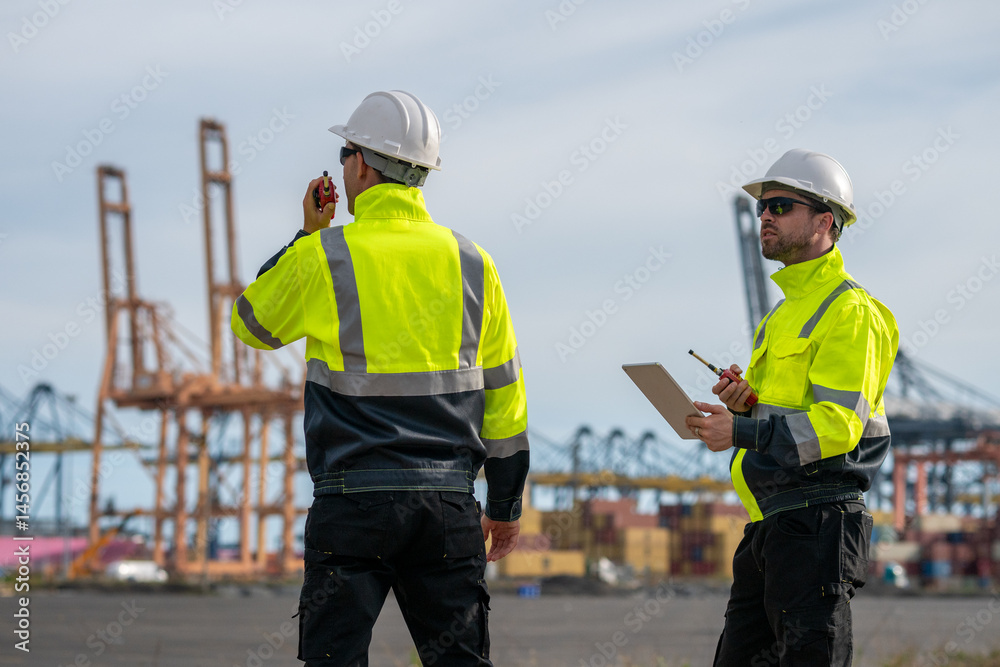 Industrial engineer workers operations marine port cranes loading and unloading of cargo ships global trade and supply chain import export environment monitoring responsible global economy. Industrial engineer workers operations marine port cranes loading and unloading of cargo ships global trade and supply chain import export environment monitoring responsible global economy.
