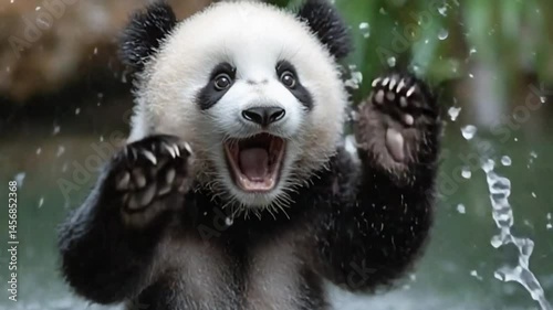 A cheerful panda splashing water and looking happy. The panda's distinct black and white fur shines while he enjoys his time in the water