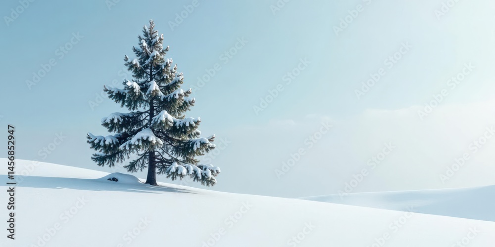 Fototapeta premium Serene Winter Landscape A Single Snow-Covered Evergreen Tree Stands Alone in a Vast, Undulating Field of White Snow Under a Pale Blue Sky.