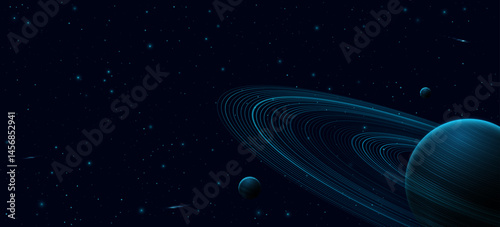 Planet Saturn with ring around and other planets. Abstract starry sky with falling comets. Solar system concept. Scientific presentation backdrop. Universe science background. Vector illustration