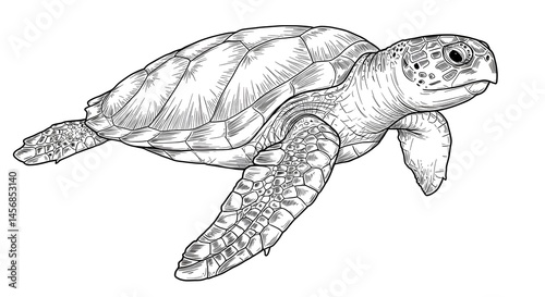 Detailed Sea Turtle Line Art Illustration on White Background