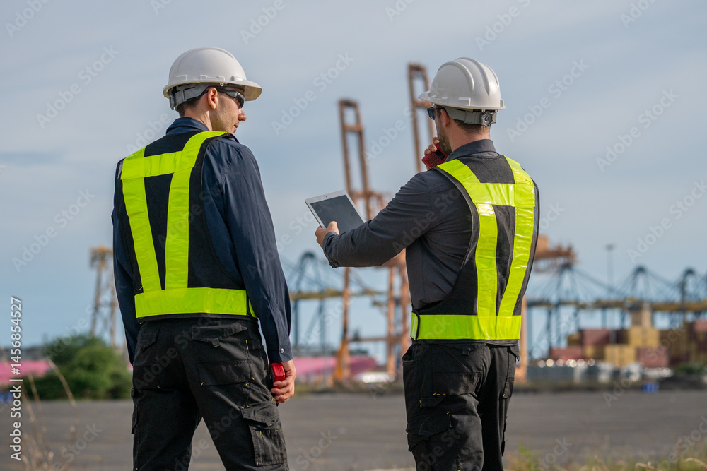 Industrial engineer workers operations marine port cranes loading and unloading of cargo ships global trade and supply chain import export environment monitoring responsible global economy. Industrial engineer workers operations marine port cranes loading and unloading of cargo ships global trade and supply chain import export environment monitoring responsible global economy.
