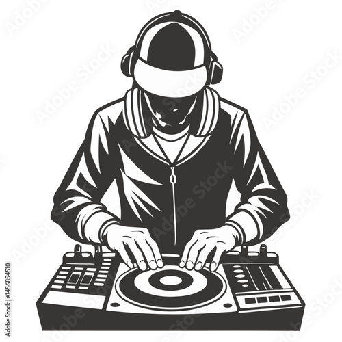 Stylized Black and White Vector Artwork of a Hip-Hop or Electronic Music DJ Performing Live
