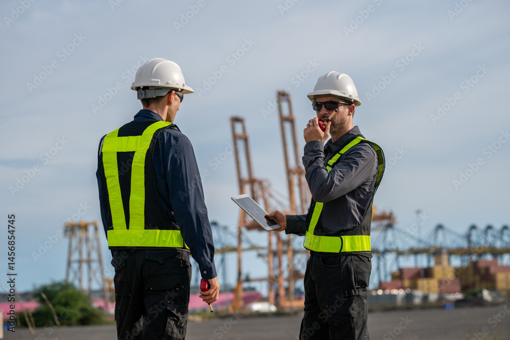 Industrial engineer workers operations marine port cranes loading and unloading of cargo ships global trade and supply chain import export environment monitoring responsible global economy. Industrial engineer workers operations marine port cranes loading and unloading of cargo ships global trade and supply chain import export environment monitoring responsible global economy.