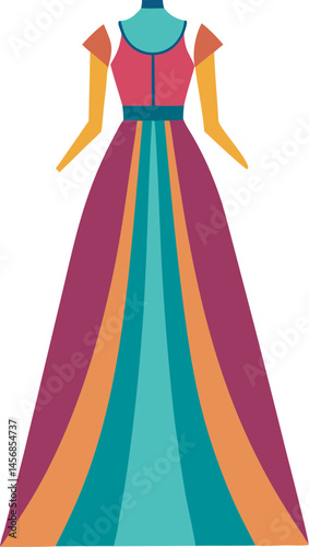 A stylish vector art illustration of a flowing maxi dress, showcasing elegant design, vibrant colors, and perfect for fashion-themed projects