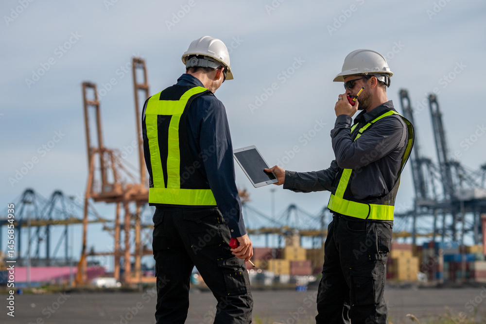 Industrial engineer workers operations marine port cranes loading and unloading of cargo ships global trade and supply chain import export environment monitoring responsible global economy. Industrial engineer workers operations marine port cranes loading and unloading of cargo ships global trade and supply chain import export environment monitoring responsible global economy.