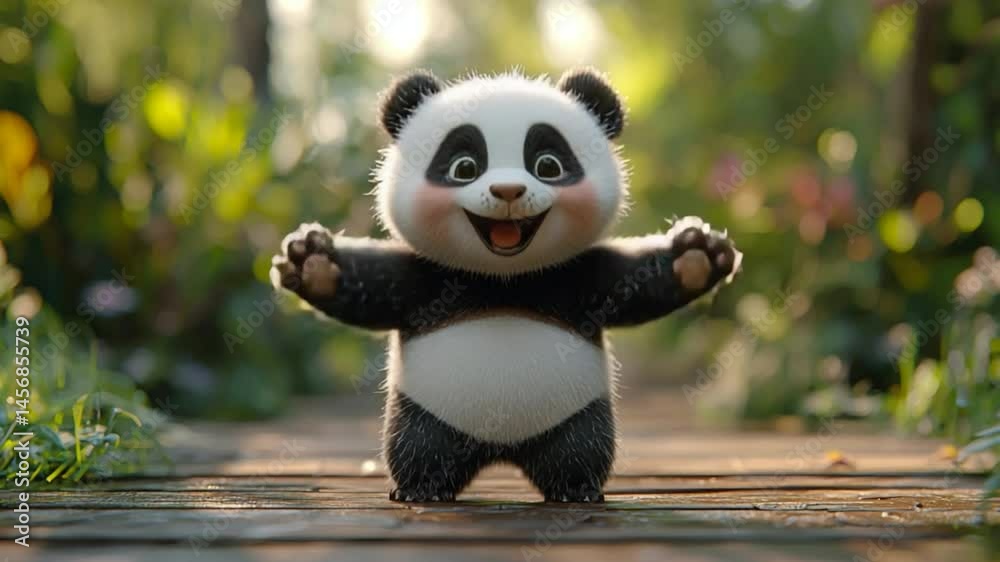 A cheerful panda cub happily raises its arms A cheerful panda cub happily raises its arms