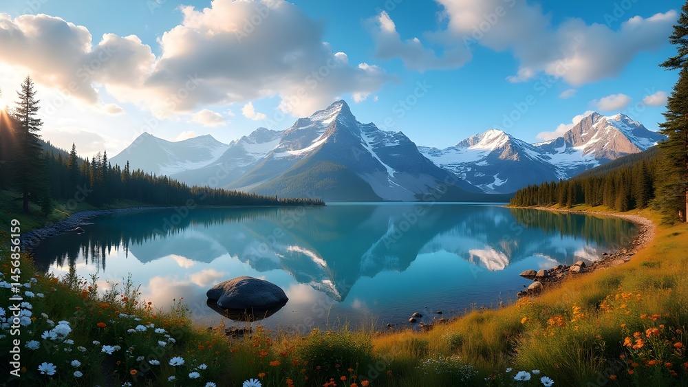 Fototapeta premium Scenic Mountain Lake Reflection with Snow Capped Peaks, Forest, and Wildflowers in a Tranquil Landscape
