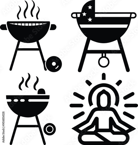 Black and white icon set featuring grills and meditation illustration simple vector art