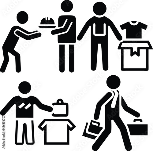 Business process pictogram set showing delivery work flow and merchandise