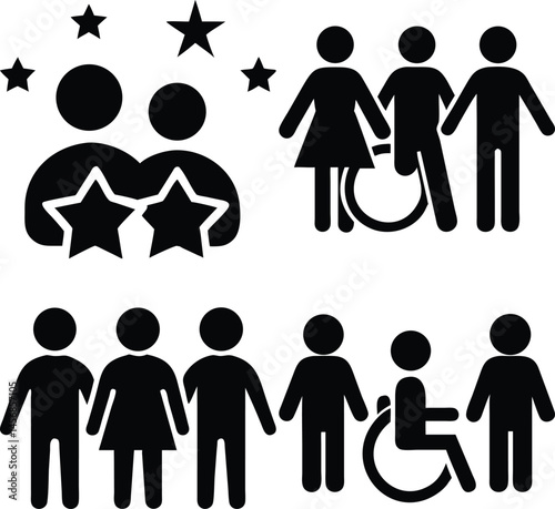 Diverse people icons with disability and star ratings pictograms