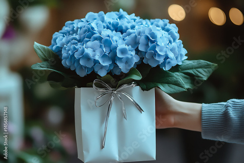 hands passing blue hydrangeas and silver-tied white gift bag