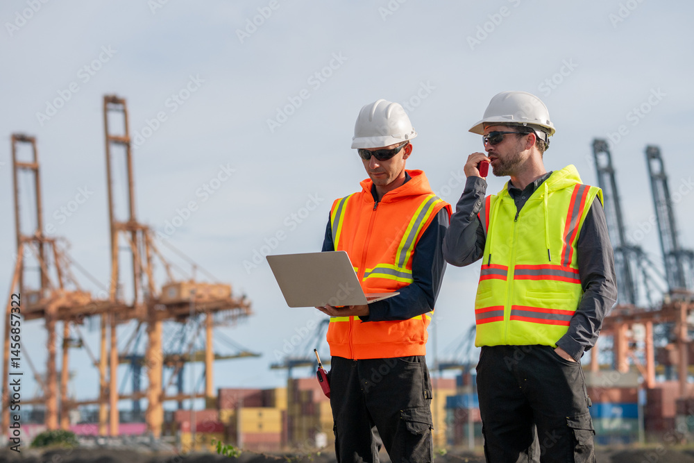 Industrial engineer workers operations marine port cranes loading and unloading of cargo ships global trade and supply chain import export environment monitoring responsible global economy. Industrial engineer workers operations marine port cranes loading and unloading of cargo ships global trade and supply chain import export environment monitoring responsible global economy.