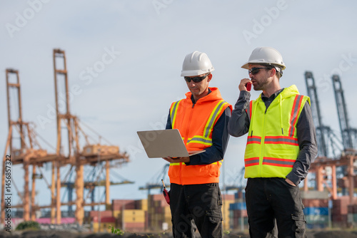 Industrial engineer workers operations marine port cranes loading and unloading of cargo ships global trade and supply chain import export environment monitoring responsible global economy.