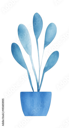Beautiful watercolor illustration of blue plant in pot, featuring elongated leaves that create serene and calming atmosphere
