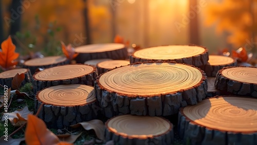 Autumnal forest floor covered in freshly cut tree stumps with fall foliage and warm sunlight.