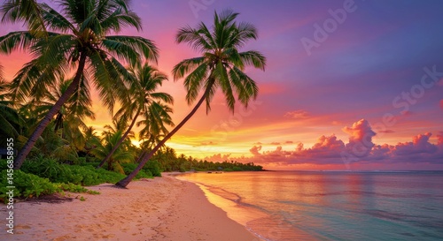 Beautiful Tropical Beach Exotic Island Palm Trees Paradise Seascape Vacation Sand Sea Shore Idyllic