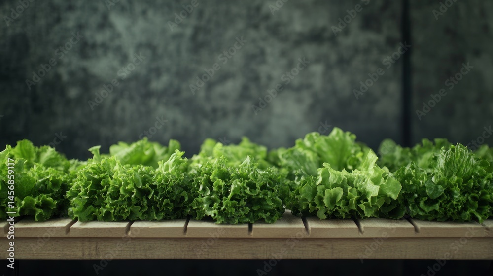 Fresh, vibrant green lettuce leaves arranged neatly on a light-colored wooden surface against a textured dark gray background