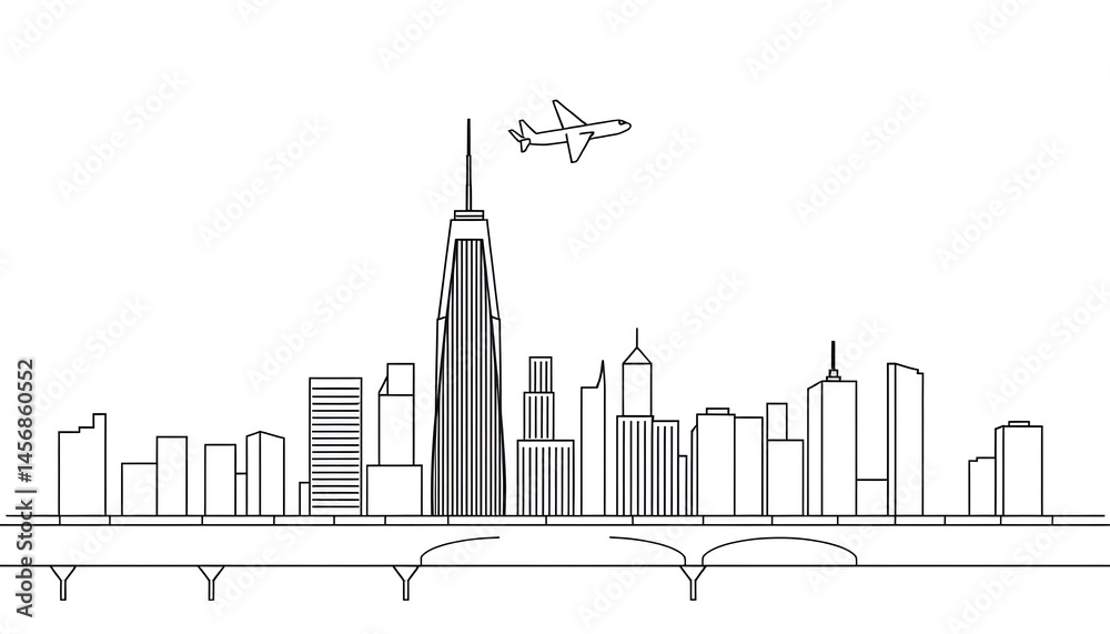 Obraz premium Aerial view of urban skyline with airplane over city minimalistic design architectural landscape