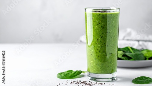 Refreshing Green Spinach Smoothie Recipe in a Tall Glass with Chia Seeds
