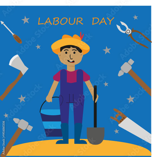 Cartoon illustration dedicated to Labour Day showing people, tools or symbols of work and appreciation for workers.