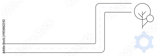 Simplified road bending near abstract gear and tree illustration. Ideal for progress, innovation, planning, navigation, strategy, sustainability, technology. Flat simple metaphor