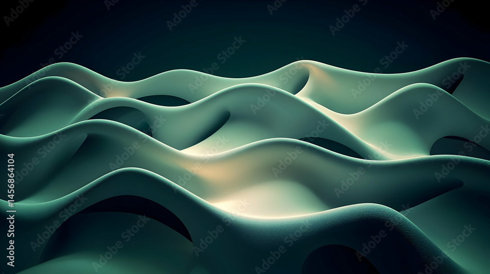 Obraz premium Abstract 3D landscape of undulating, flowing shapes in teal and cream colors, with dark background. Intricate, organic forms create a sense of depth and movement