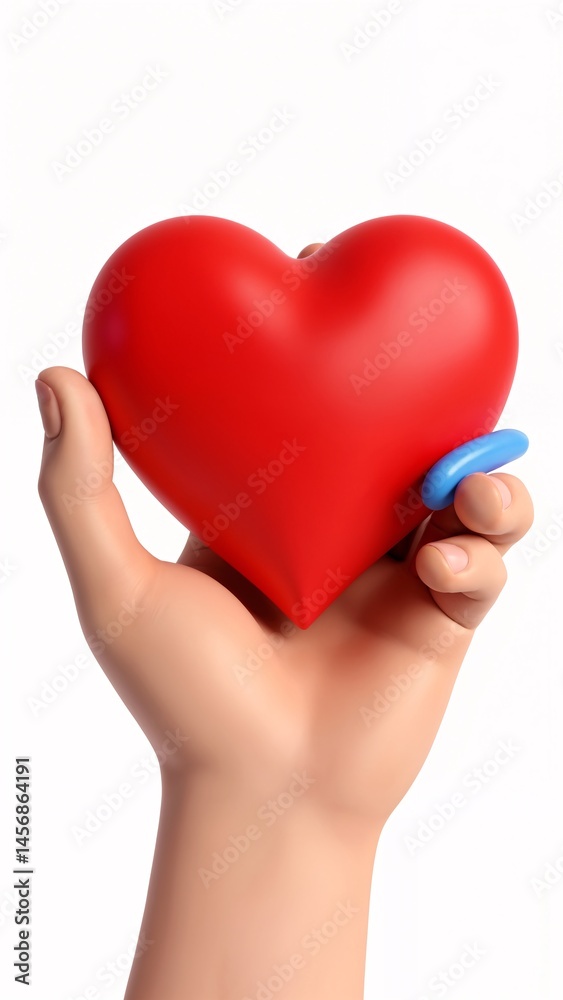 A hand holding a red heart with a blue handle. A hand holding a red heart with a blue handle.