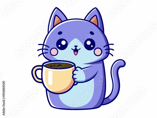 Cute Purple Cat Holding a Mug of Coffee Cartoon Illustration
