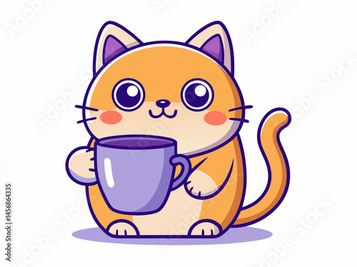 Cute Orange Cat Holding a Purple Mug of Coffee