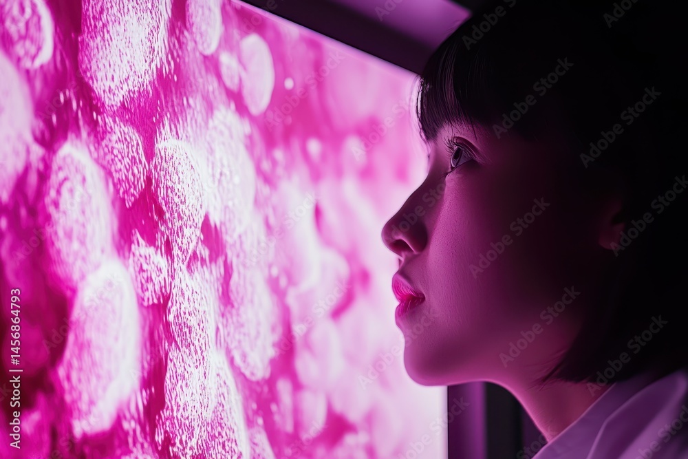 Fototapeta premium Female Profile Silhouette Against Vibrant Abstract Light Display