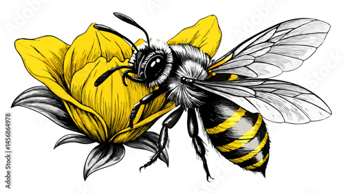 Detailed Illustration of a Bee on a Yellow Flower