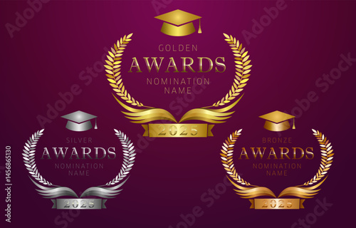 Set of awarded round frames with elegant palm branches, vintage pages of open book, 3D ribbon and graduating hat. School prize emblem. Achievement symbol. Championship or competition creative icons.
