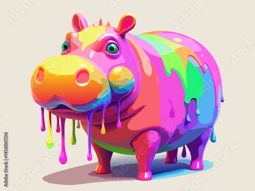 Colorful Dripping Paint Hippopotamus Cartoon Illustration