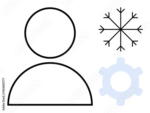 Abstract person outline beside a snowflake and gear, representing concepts of individuality, winter, and system operation. Ideal for technology, seasons, workflow, users, mechanics and process