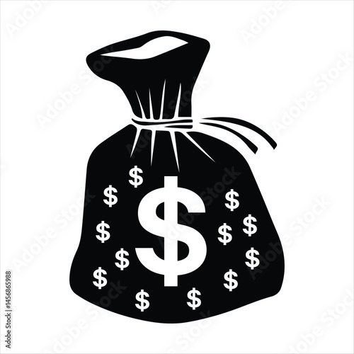 Money bag, black and white illustration, dollar sign, financial symbol, wealth icon, currency graphic, economic concept, savings representation, symbol of prosperity
