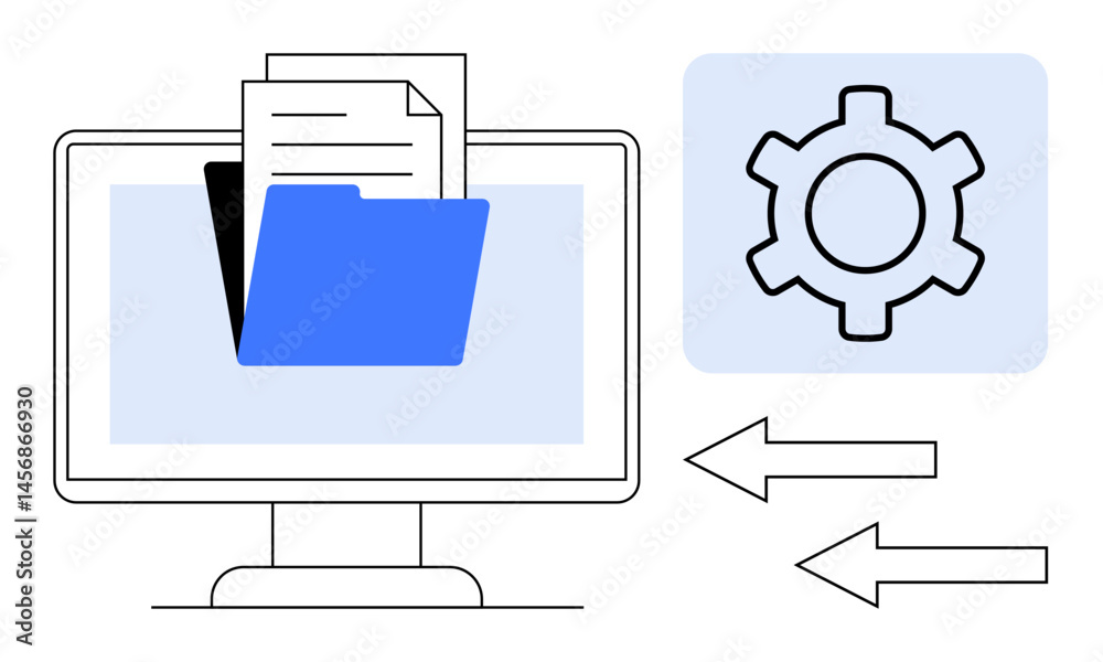 Desktop computer displaying file folder with papers, gear icon for settings, and arrows for data exchange. Ideal for digital storage, data transfer, cloud sync, file sharing, organization, IT setup Desktop computer displaying file folder with papers, gear icon for settings, and arrows for data exchange. Ideal for digital storage, data transfer, cloud sync, file sharing, organization, IT setup