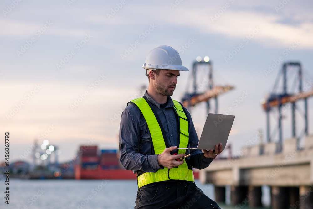 Industrial engineer workers operations marine port cranes loading and unloading of cargo ships global trade and supply chain import export environment monitoring responsible global economy. Industrial engineer workers operations marine port cranes loading and unloading of cargo ships global trade and supply chain import export environment monitoring responsible global economy.