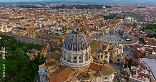 Aerial view of St. Peter's Basilica in Vatican City. Papal Basilica of Saint Peter. Rome, Italy