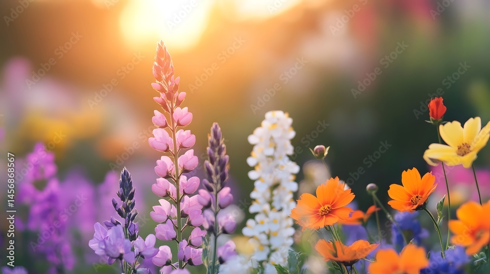 Obraz premium Sunset garden scene with glowing light filtering through vibrant flowers.