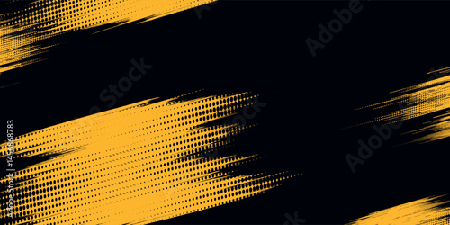 Halftone yellow dots pattern and black gradient grunge texture background. Dotted line comic sport style vector illustration.