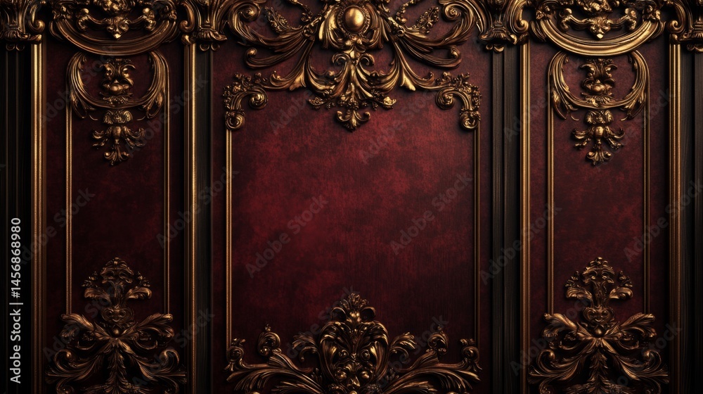 Ornate red and gold wall with intricate carvings in a lavish interior setting, showcasing classic design elements and opulence Ornate red and gold wall with intricate carvings in a lavish interior setting, showcasing classic design elements and opulence