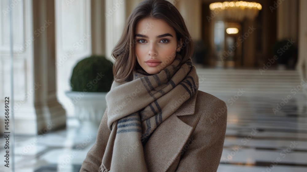 Fototapeta premium Beautiful woman poses in a luxurious indoor setting wearing a stylish scarf and elegant coat during the afternoon light