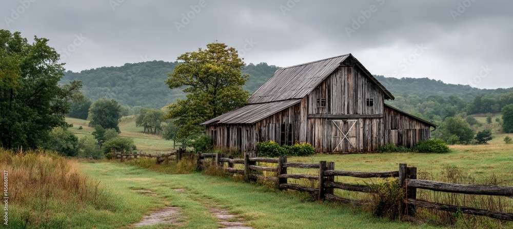 Abandoned wooden barn building. Agriculture farming business. Generative AI technology.