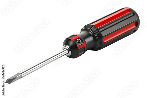 Close-up of a flathead screwdriver with black and red handle, professional quality tool for do-it-yourself projects.
