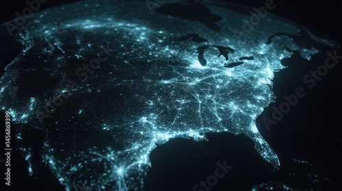Glowing blue data threads crossing the USA map in neural network patterns, faintly lighting up against a dark satellite view backdrop.