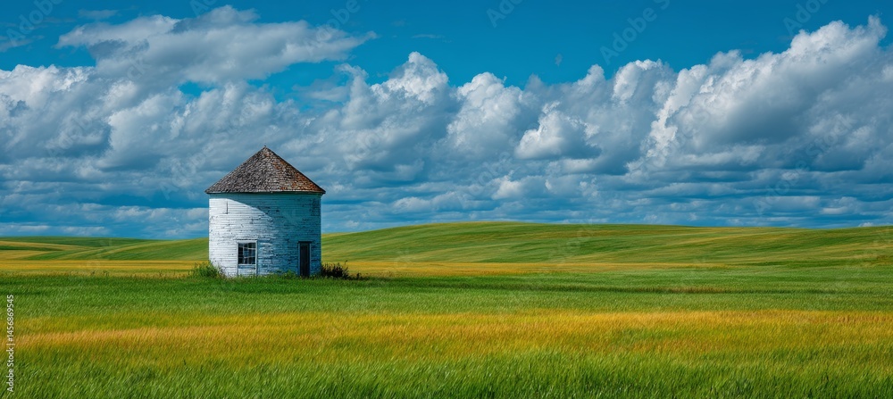 Old abandoned silo on grass field. Agriculture farming business. Generative AI technology.