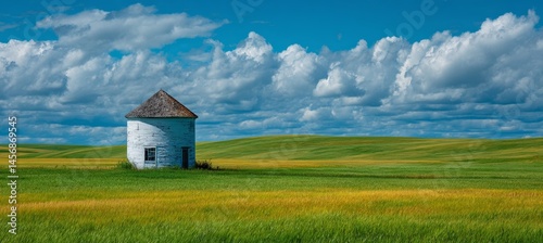 Obraz na płótnie Old abandoned silo on grass field. Agriculture farming business. Generative AI technology. w salonie