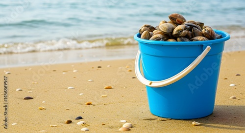 Plastic bucket with clams on wet sand and ocean background